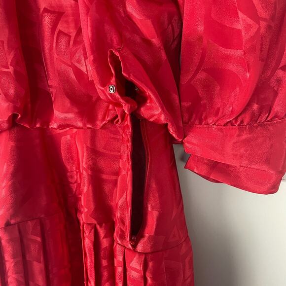 Vintage Midi Dress Size 6 Red Satin Pleated Blouson Puff Sleeve Retro 80s 90s - Picture 4 of 16